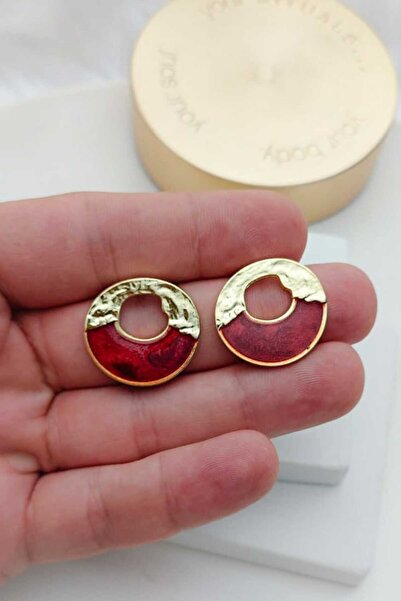 KYOLA DESİGN Burgundy Sesdefli Round Gold Women's Earrings