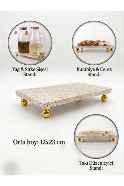 Trend Silver Doğal Traverten Taş Yağlık Altı , Sunumluk, Baharatlık Standı Go...