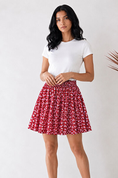 Albie Women's Floral Patterned Chiffon Mini Skirt High Waist Relaxed Fit Dail...