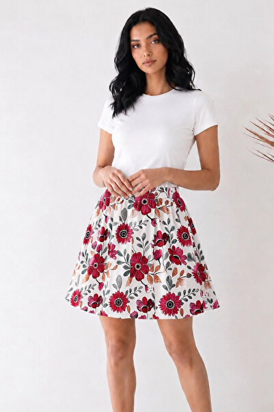 Albie Women's Floral Patterned Chiffon Mini Skirt High Waist Relaxed Fit Dail...