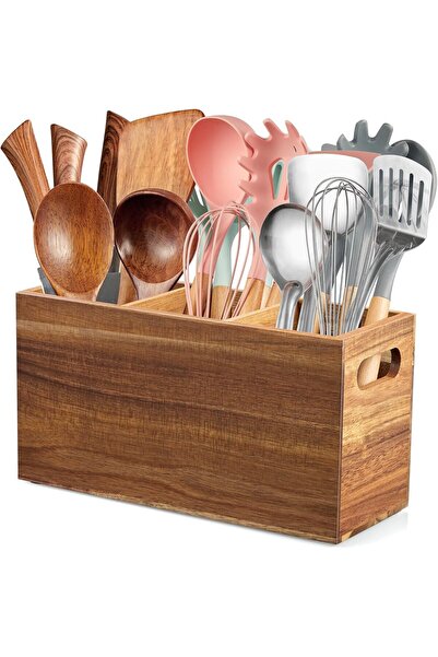 AZONEE Acacia Wood Utensil Holder For Countertop, Large 3-Compartment Cooking...