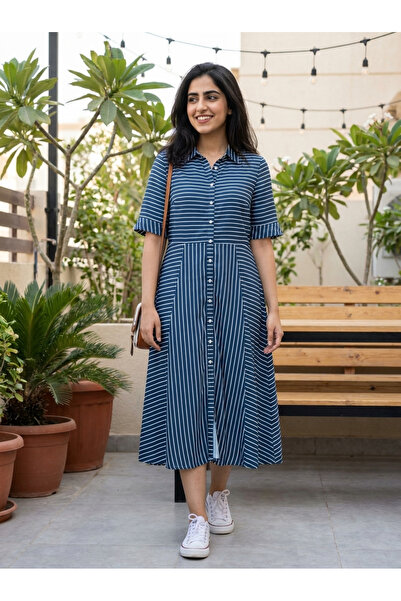 SUGA Blue Striped Midi Dress with Front Buttons