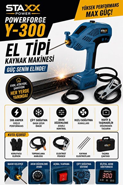 STAXX POWER Y-300 El Tipi Kaynak Makinesi 300 Amper Çift Soğutma Dijital Akım...