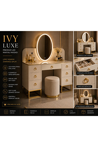 Genel Markalar IVY LUXE Premium LED Aynalı Makyaj Masası 6 Çekmeceli Gold Det...