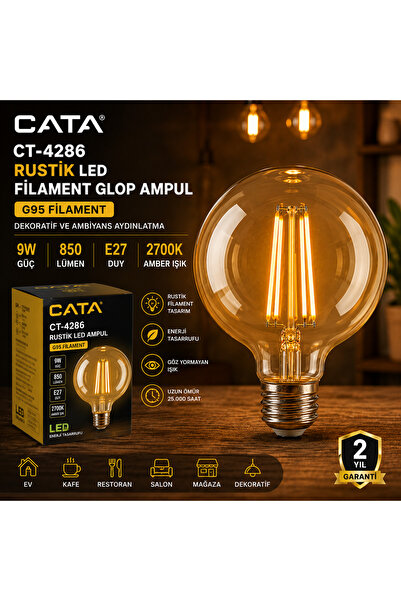 Cata CT-4286 Rustik G95 LED Filament Glop Ampul 9W E27 Amber 2700K 850 Lümen ...