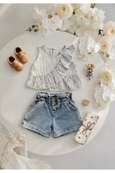 RÜYA KİDS Girl's Summer Suspender Top and Denim Shorts Set with Ruffle Detail...