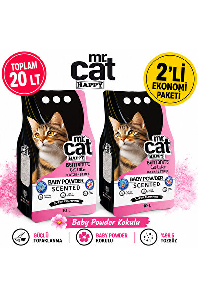 MR.CAT HAPPY Baby Powder Kokulu Bentonit Kedi Kumu 10 LT x 2 Adet Toplam 20 L...