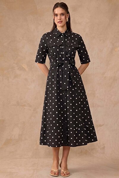 Olcay Button Closure Polka Dot Patterned Cotton Dress Black 9466-E