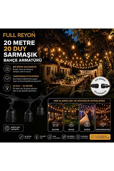 fullreyon 20 Metre 20 Duylu Su Geçirmez Sıralı Duy, Bahçe, Düğün - Nişan - İş...