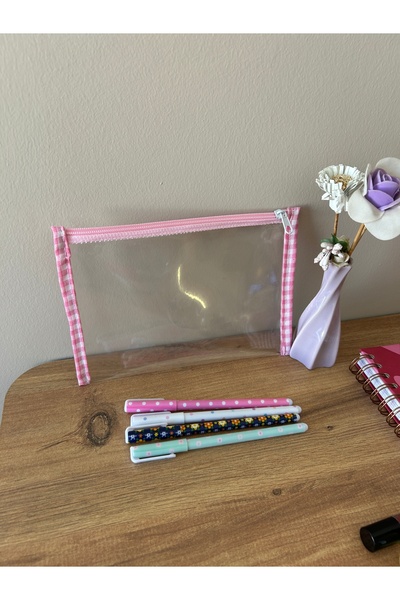 minyaturhayalim Şeffaf fermuarlı kenarları pembe beyaz pötikareli desenli Kal...