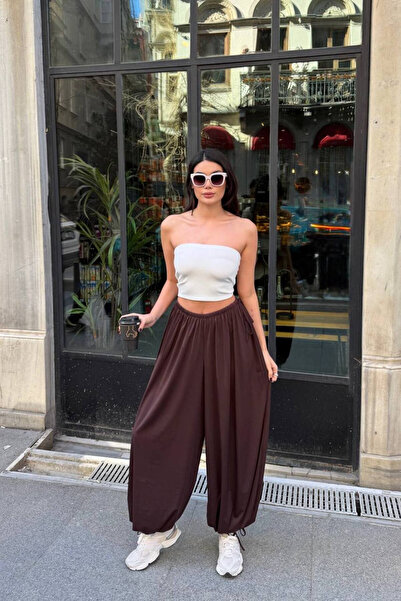 Nika Fashion Kadın Sandy Kumaş Beli Lastikli Siyah Bağcıklı Şalvar Pantolon