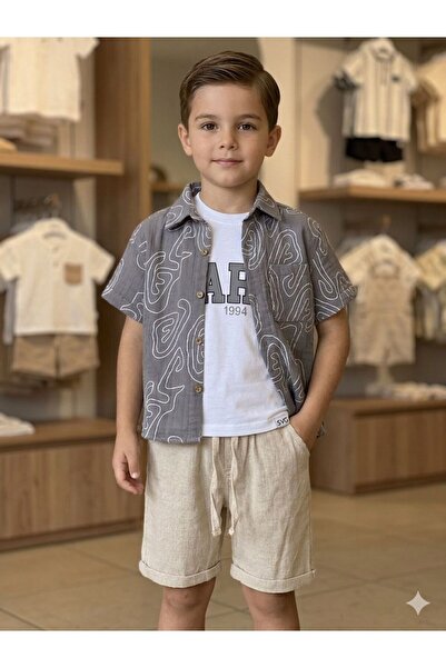 gül garden Boy's Linen 3-Piece Set Shorts Shirt T-Shirt
