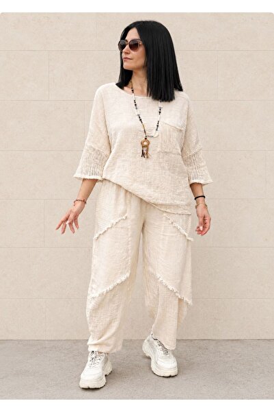 AGORATEKSTİL Women's Linen Cotton Fabric Mesh Pocket Trukavar Sleeve Blouse a...