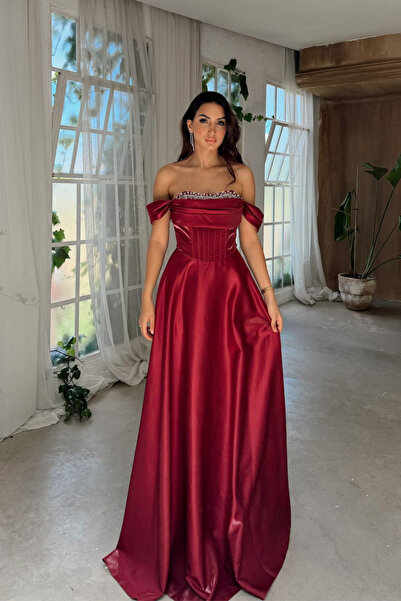Sindimoda İlsu Kayık Yaka Taş İşleme Saten Abiye 1208