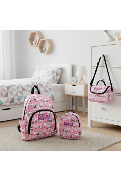 Hevi Kids HeviKids Kişiye Özel İsimli 3'lü Çocuk Çanta Seti - Pembe Kitty
