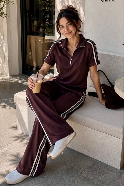 bb butik basic Zipper Collar Stripe Detailed Double Suit Loose Cut Wide Leg W...