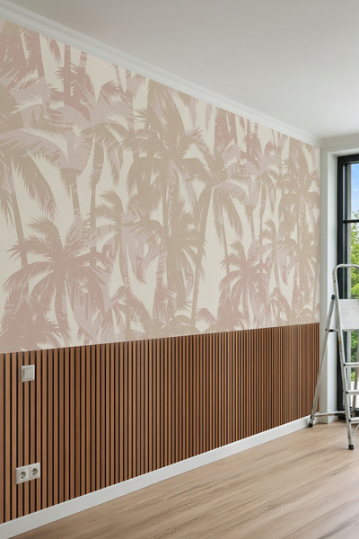 dreamwall Bohem Palmiye Siluetleri ve Ahşap Panel Efektli Tek Parça Tekstil D...