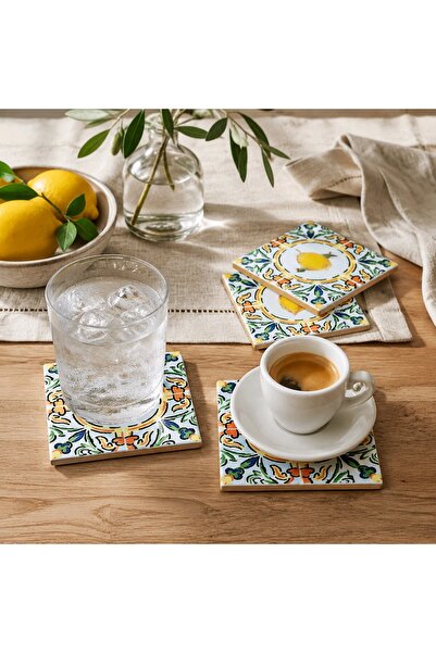 el.ay.arts Lemon Patterned Marble Set of 4 Coasters for Garden, Office Decora...
