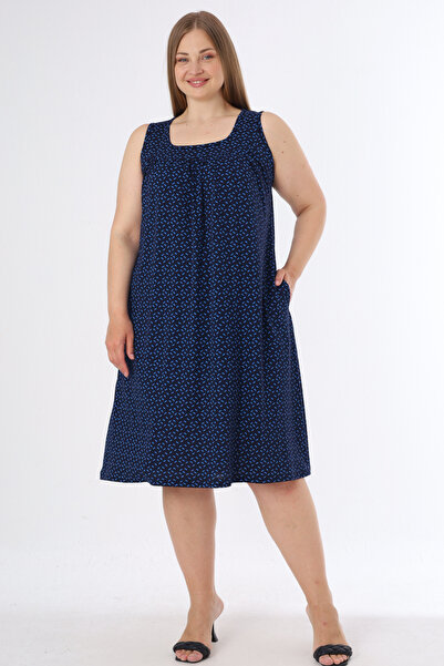 İntensive Women's Plus Size Navy Blue Patterned Cotton Dress with Straps and ...