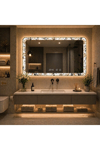 Vivendo Oglinda LED 90x70 cu Model Decorativ pe Margini Iluminare Ambientala ...