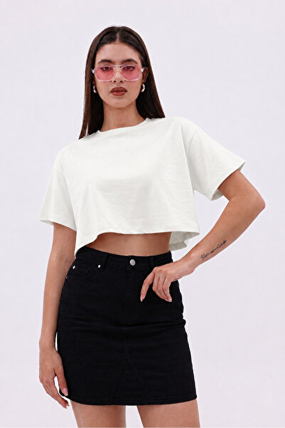 veira Ecru Cream Single Jersey Cotton Basic Women's Short Sleeve Crop T-Shirt