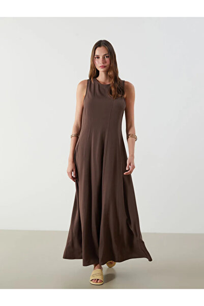LC Waikiki Brown Crew Neck A-Line Linen Blend Dress