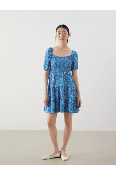 LC Waikiki Blue Boat Neck Floral Women's Dress