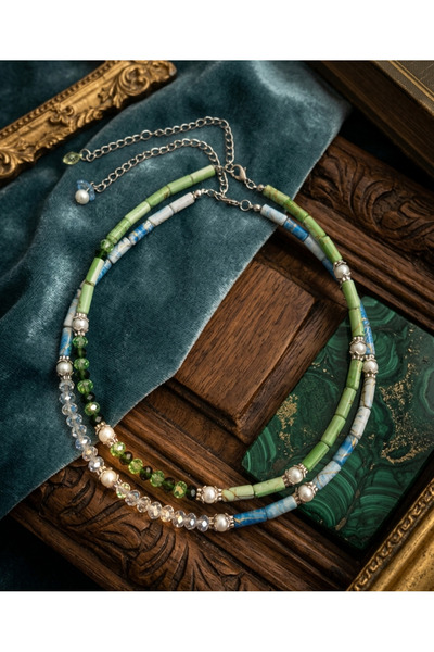 glactuca craft Basic Helen Crystal Detailed Vintage Double Bead Necklace