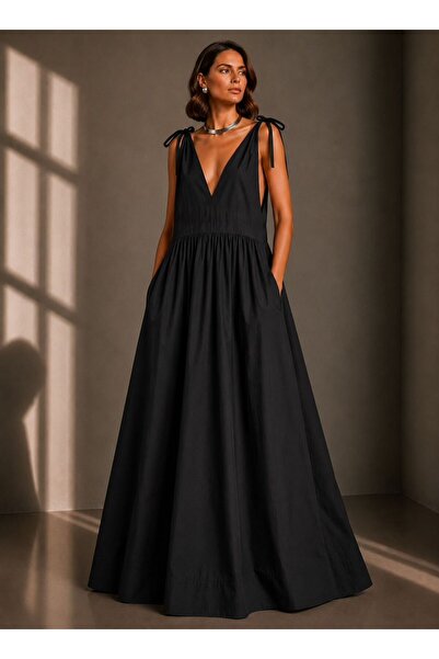 ALYEL NAKER V-Neck & Waist-Tie Maxi Length Poplin Stylish/Casual Dress
