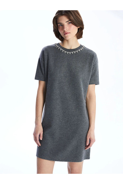 LC Waikiki Anthracite Crew Neck Stone Mini Knitwear Dress