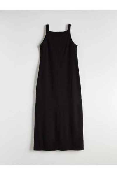 LC Waikiki Black Square Neck A-Line Linen Blend Dress