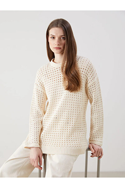 LC Waikiki Ecru Crew Neck Lace-Like Knit Women's Knitwear Tunic