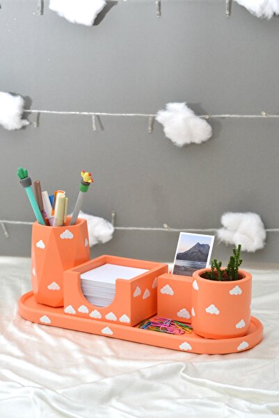 Bi' Dolu Dükkan Cloudy Pastel Orange Six-Piece Office Set |   Pen Holder Flow...