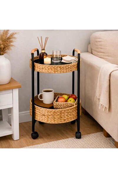 Generic Serving and Storage Cart with Wheels, Wicker and Metal, Two Tiers