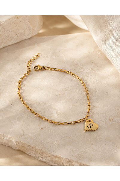 Helen Atelier Çelik Küp Zincir Kalp Harf Charm Kadın Bileklik Gold - S
