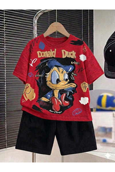 Minik mooda Donald Duck Baskılı Çocuk Yazlık İkili Takım Tişört ve Şort