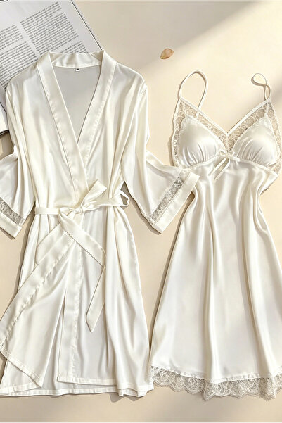 Generic White Satin 2 Piece Lingerie Robe Set For Women, Eyelash Lace V-Neck ...