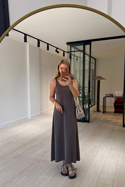 Sezgi Tekin Drawstring Elastic Strap Ash Brown Pique Modal Dress