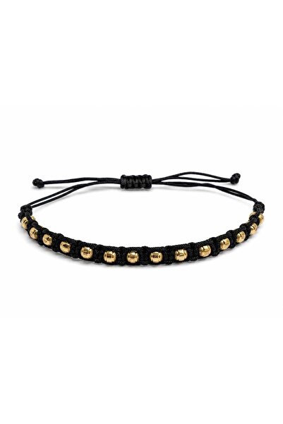 Aur 585 Brățară unisex reglabilă pe șnur negru cu bile din aur galben 14k, 1,...