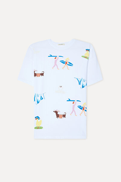 Mudo Women's White Printed Crew Neck T-Shirt