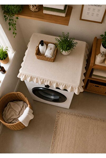 Deko Dekor Vintage Fırfırlı 60x60 Beyaz Eşya Örtüsü Çeyizlik Buldan Bezi Çamaşır Bulaşık Fırın Buzdolabı Çeyizlik Dekoratif Banyo Makine Kılıfı