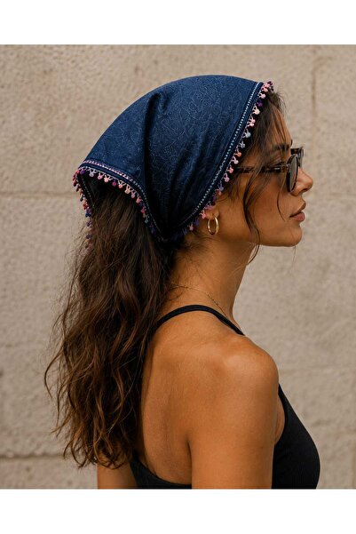 Handmade Betty Bands Navy Blue Triangle Scallop Detailed Tie-On Hair Bandana ...