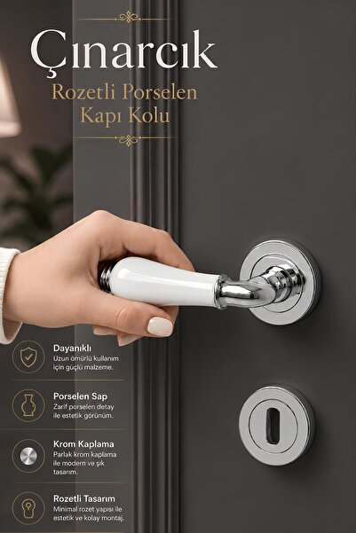 Badem10 Çınarcık Krom Daire Rozetli Porselen Oda Kapı Kolu Sağa Sola Uyumlu 1...