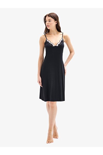 Blackspade Women's Thin Strap Black Micro Modal Nightgown C1T0N025