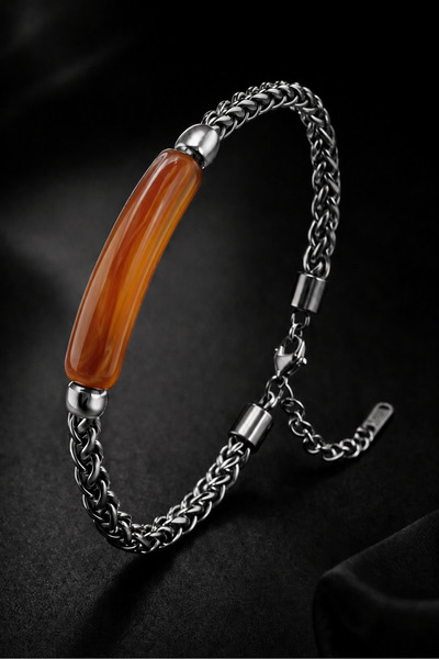 İyyaKee Men's Steel Bracelet with Natural Brown Agate Stone and Braided Chain