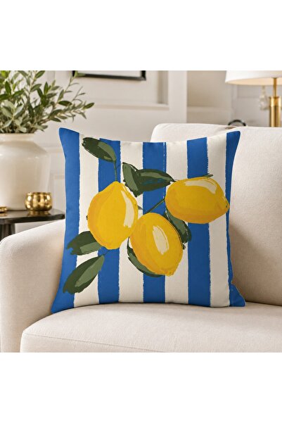 Piloji Lemon Patterned Decorative Throw Pillow Cover 43X43 cm Blue and White ...