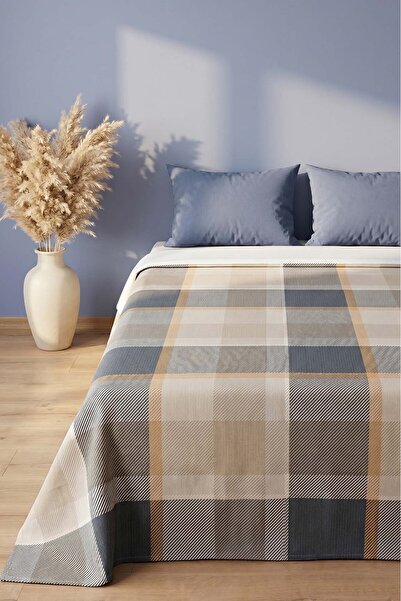Rivaİstanbul Navy Blue Plaid Patterned Double Printed Pique & Bedspread 200X2...