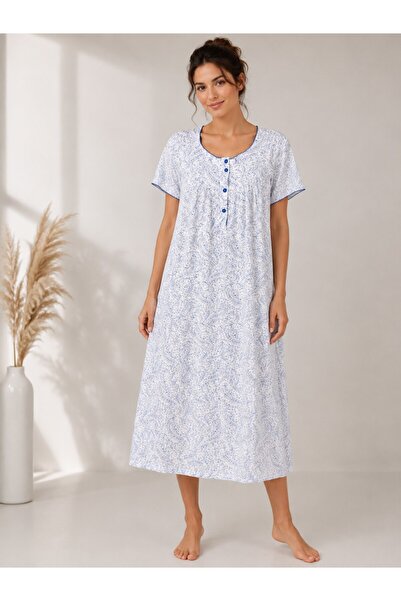 Alize Moda Button Collar, Short Sleeves, Patterned 100% Cotton Plus Size Wome...