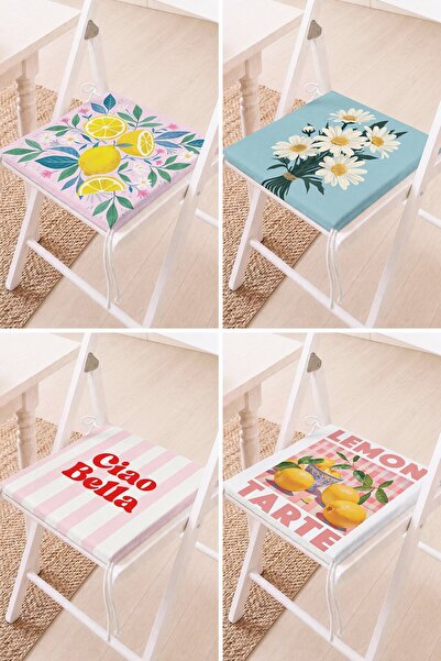 Home Set of 4 Lemon and Daisy Patterned Lace-Up Chair Cushions Kitchen Cushions