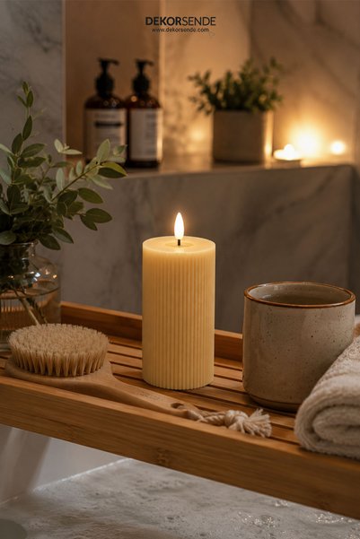 Dekorsende Pilli Kütük Mum Çizgili Bej 12,5 cm
